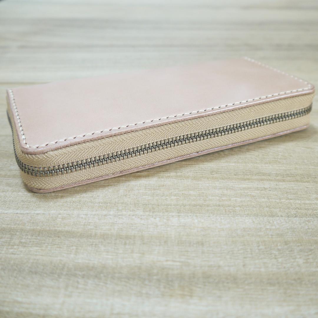 ヌメ革　栃木レザー　サドルレザー　ロングウォレット　ラウンドファスナー　生成り