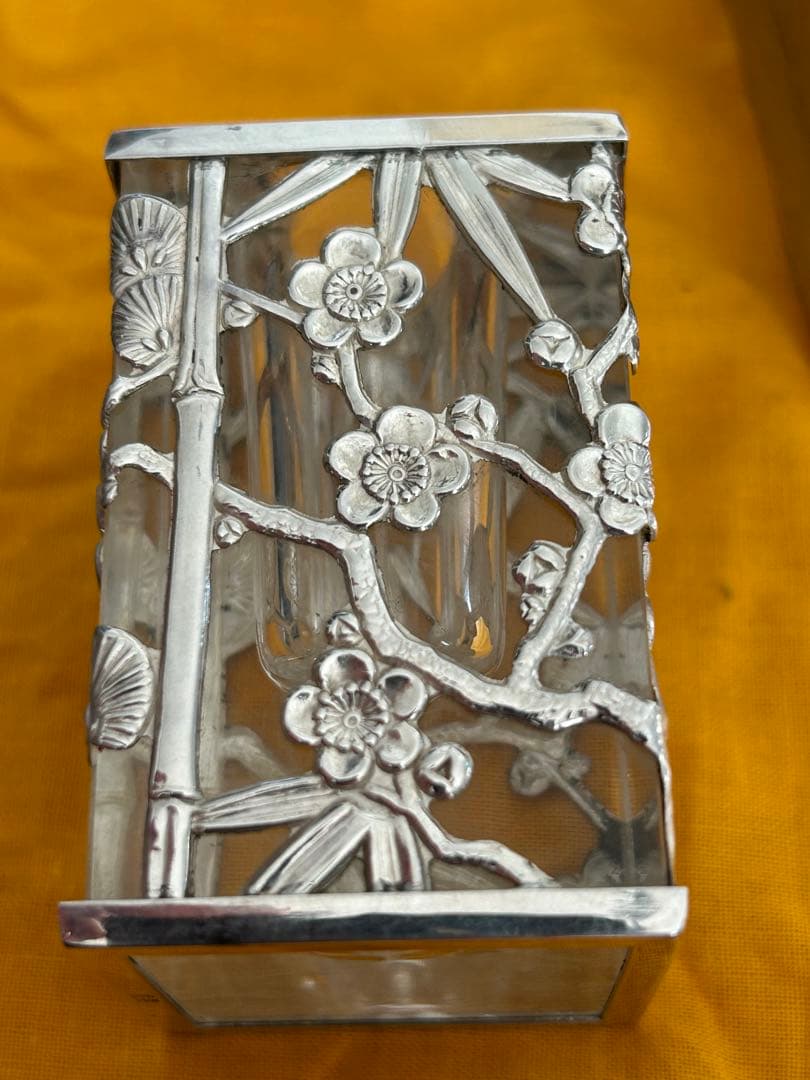 時代 昭和レトロ 銀製 極上細工硝子 松竹梅楊枝入れ 箱付き在銘175g