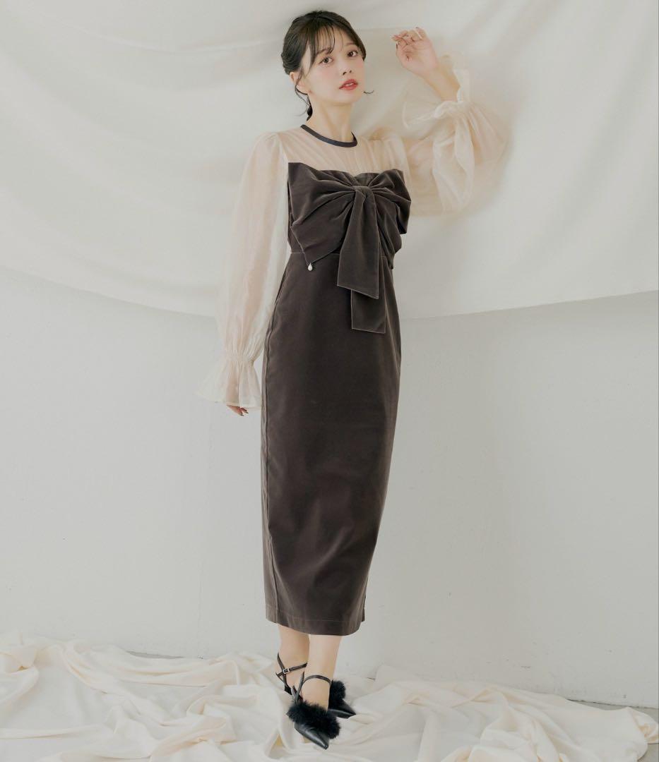 CHICO オケージョン 配色シアーリボンベロアワンピース チャコールグレー