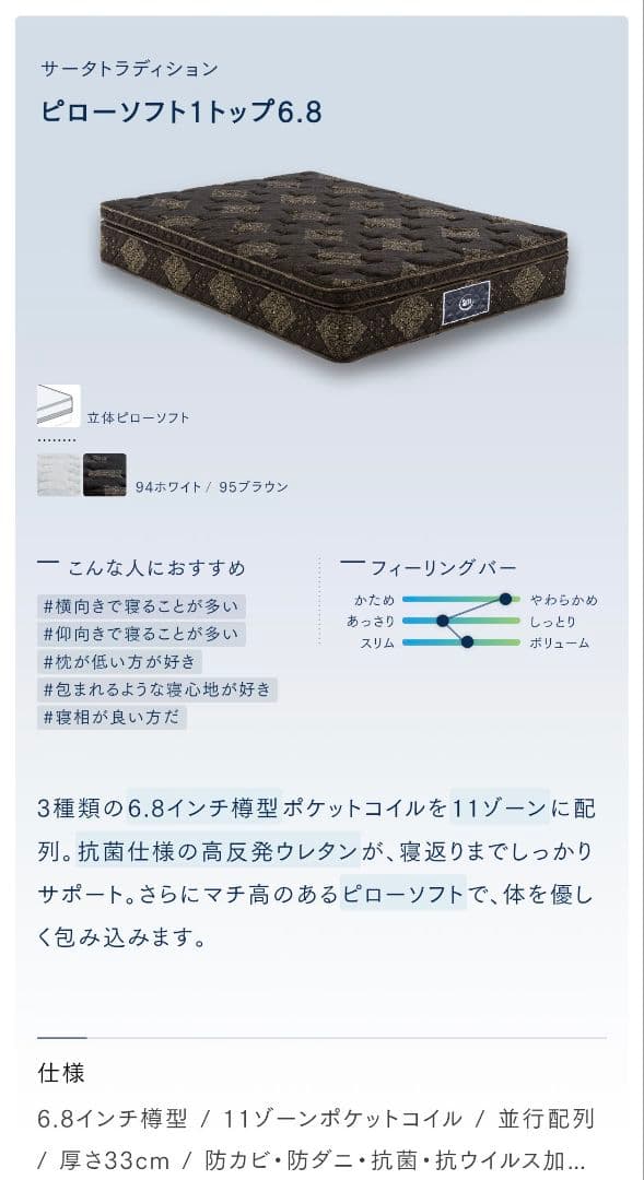 サータ トラディション ピローソフト1トップ（購入半年以内）ダブルサイズ