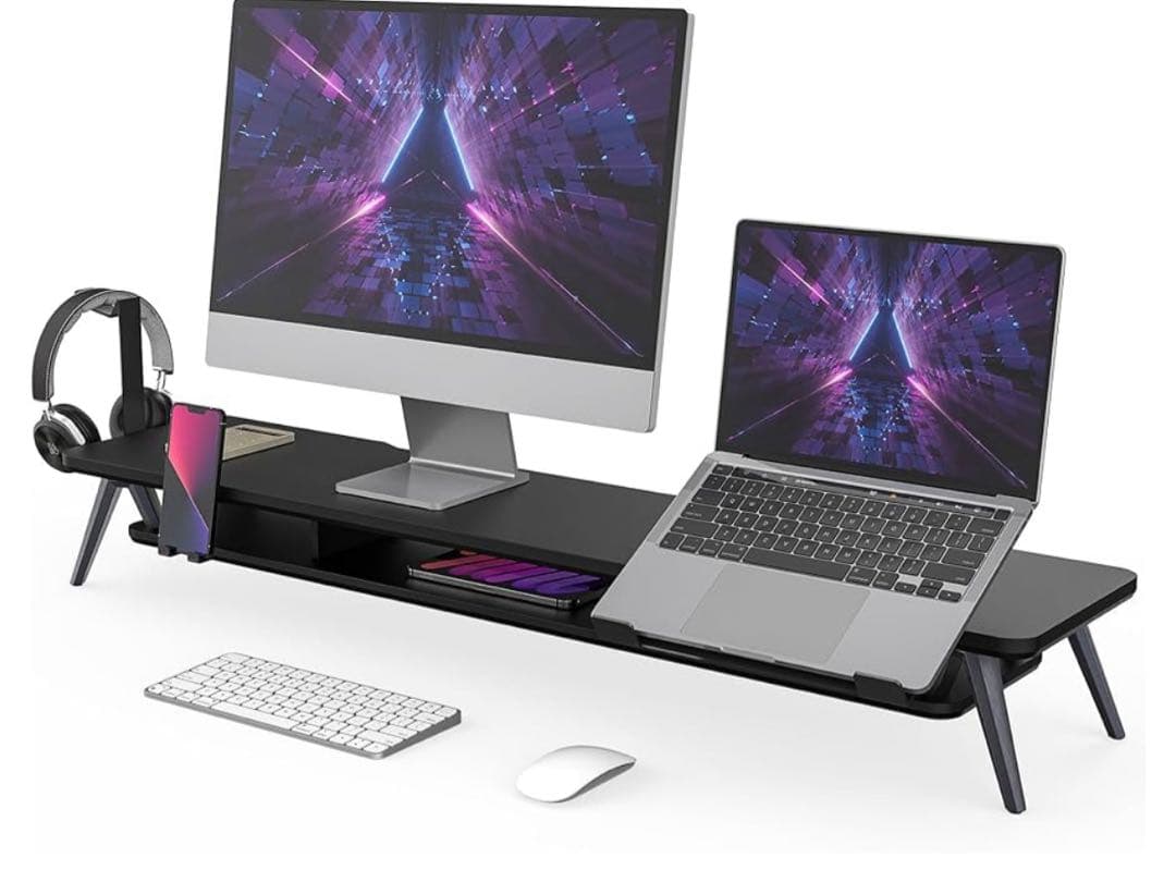 モニター台 卓上 机上台パソコン台 108cm横幅 2段 木製天板 アルミニウム