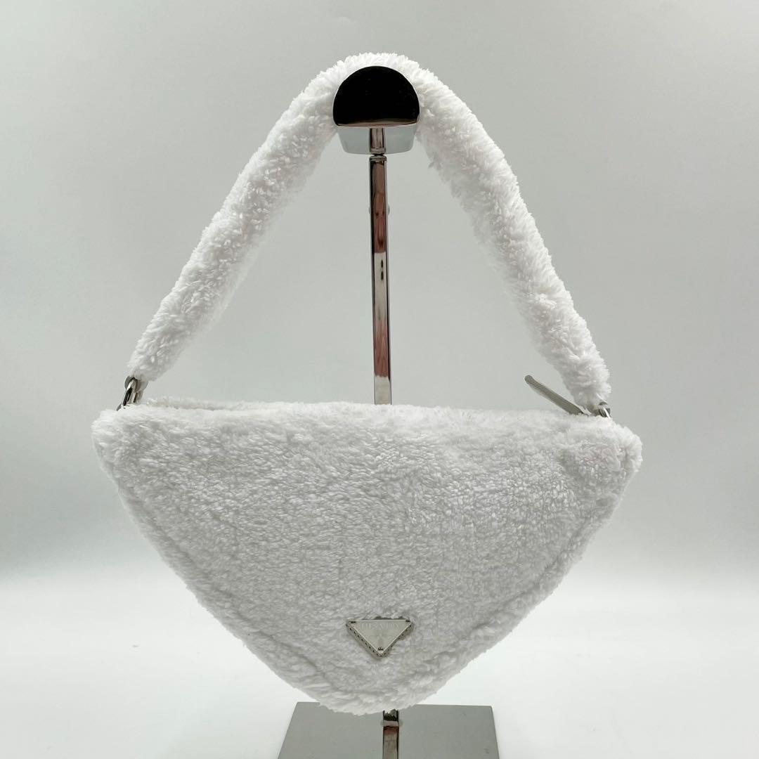 美品　プラダ　テリークロス　ハンドバッグ　ミニバッグ　トライアングル　ホワイト