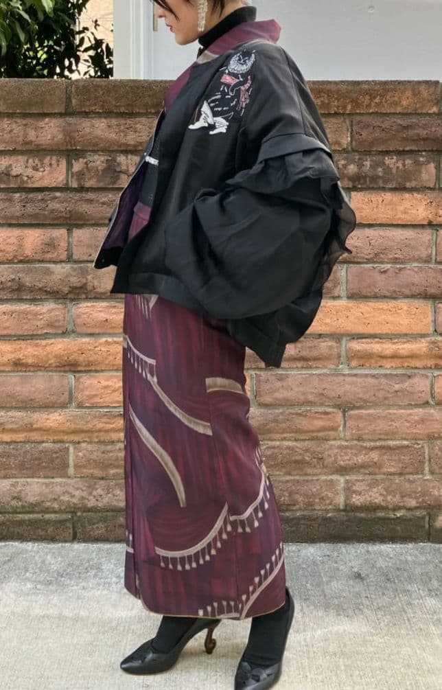 【美品】ふりふ Theatre 刺繍スカジャン ブラック 黒 猫 ねこ