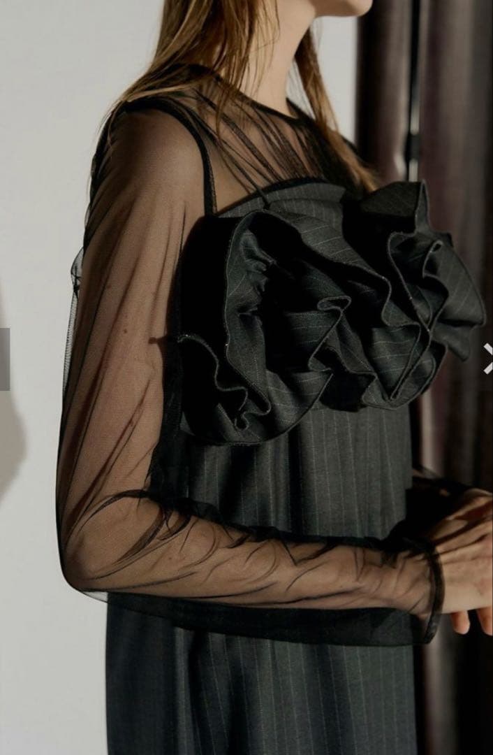 LE’RURE Wavy frill bustier stripe dress