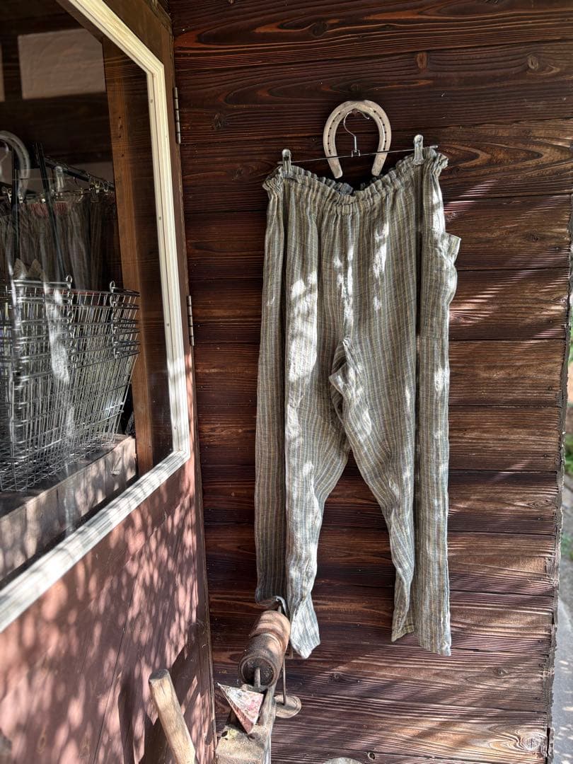 緑とグレー黄色のストライプ　JAPANリネン100% 柔らかい洗いざらしもんぺ