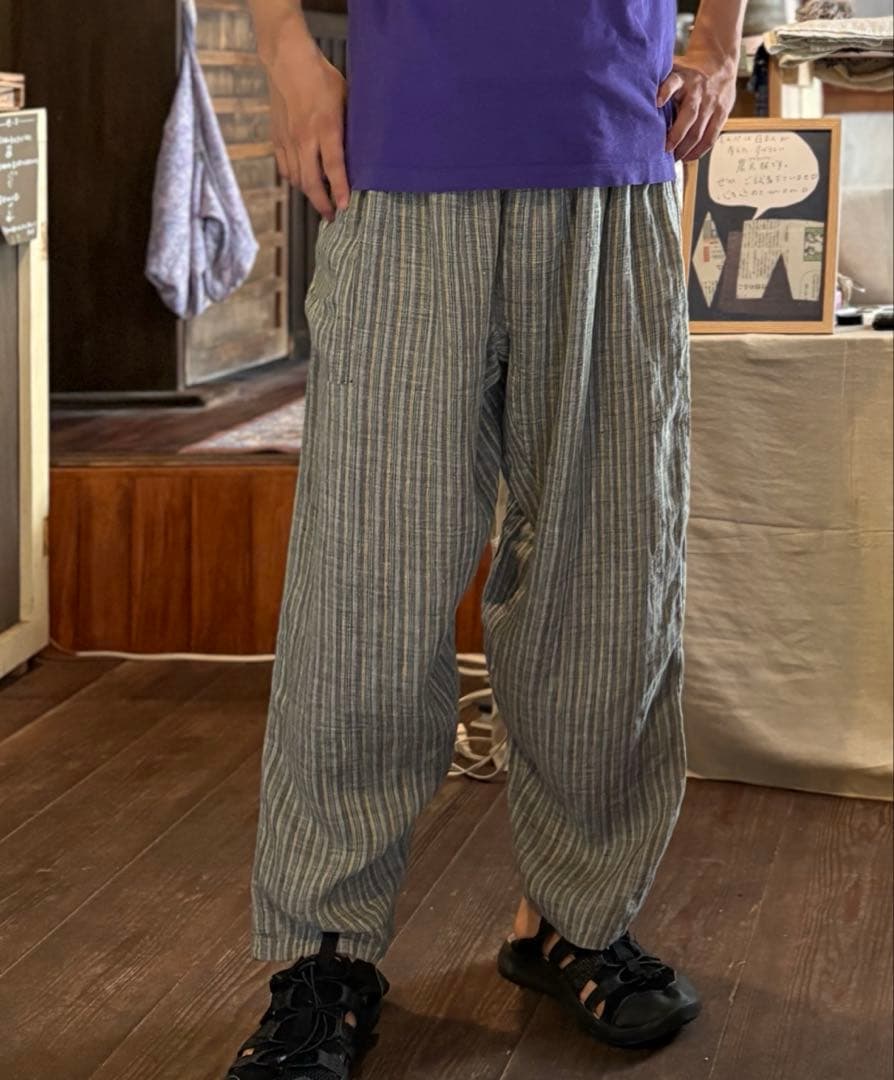 緑とグレー黄色のストライプ　JAPANリネン100% 柔らかい洗いざらしもんぺ