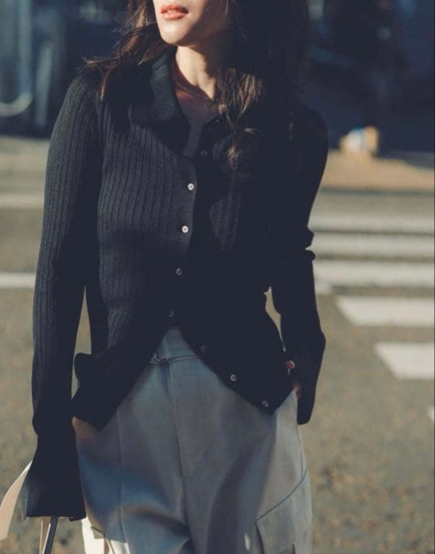 未使用LOUNIE アセテートリブ襟付きリブカーディガン アセテートリブルーニィ