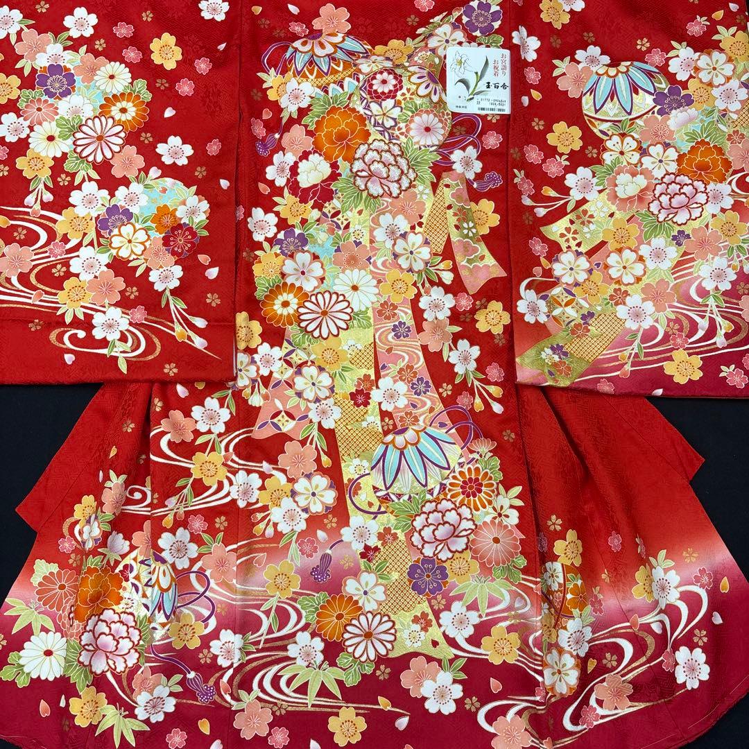 新品正絹産着（お祝着）最高級京友禅伝統多色染、豪華刺繍入り古典四季花王朝鈴流水文
