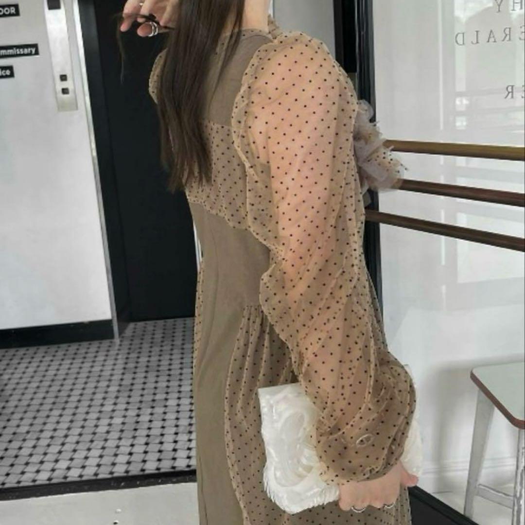 ドット柄パフスリーブロングドレス