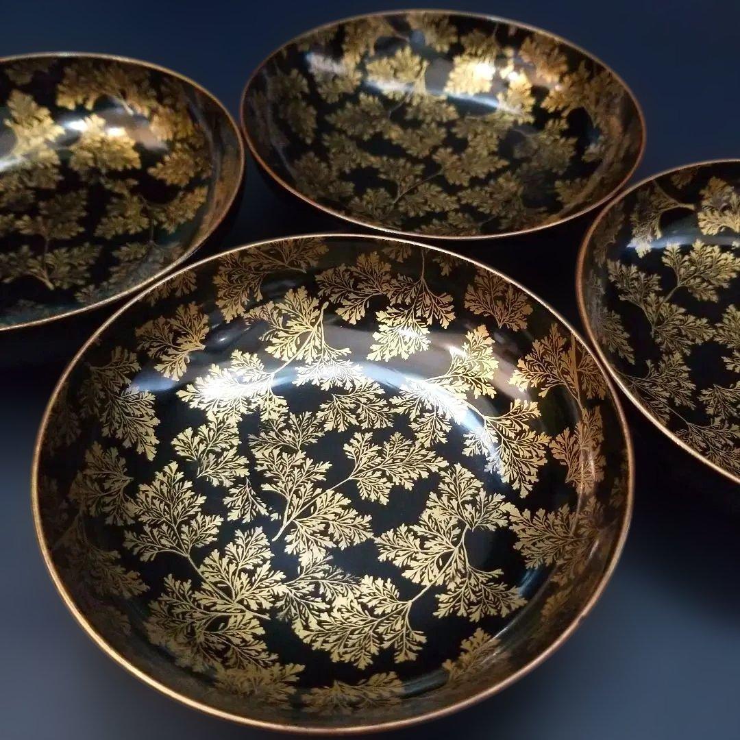 時代輪島塗 黒漆 シダ金蒔絵 小皿 銘々皿 4枚