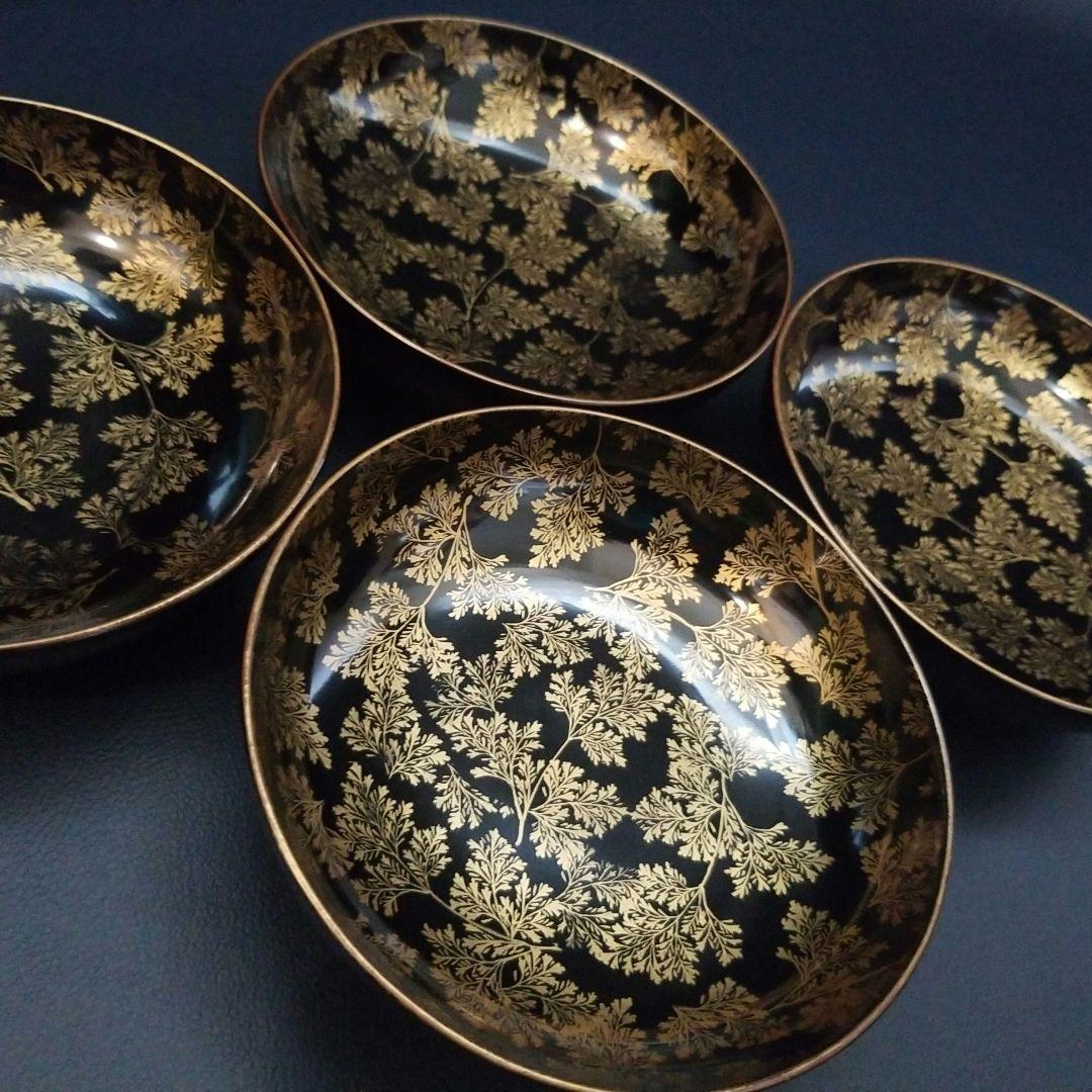 時代輪島塗 黒漆 シダ金蒔絵 小皿 銘々皿 4枚