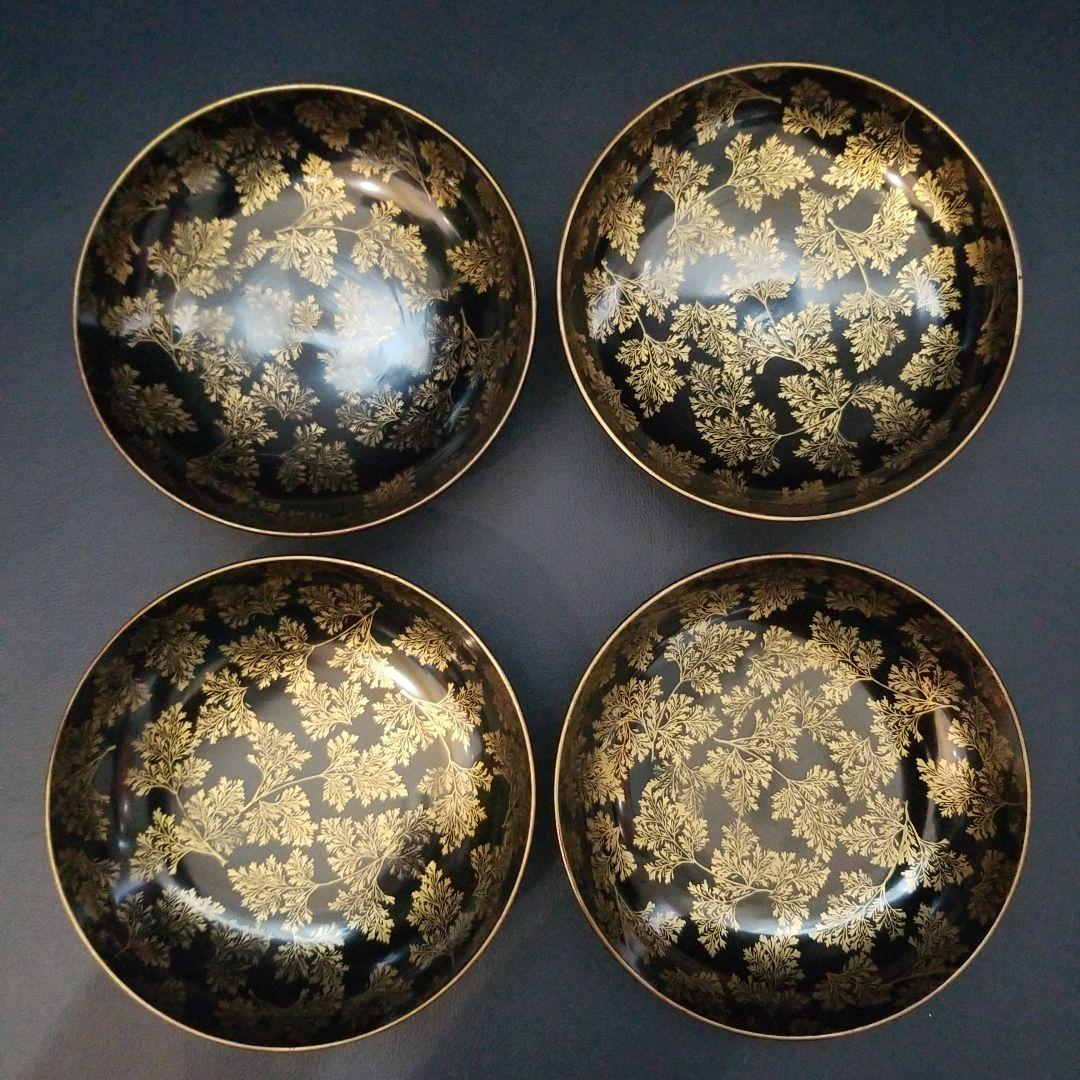 時代輪島塗 黒漆 シダ金蒔絵 小皿 銘々皿 4枚
