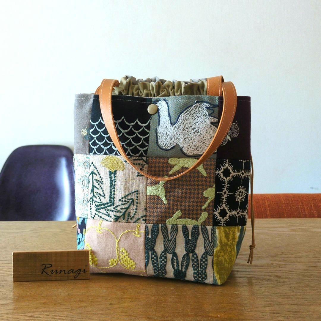 【1574】パッチワークのあおりポケット巾着バッグ＊ミナペルホネン