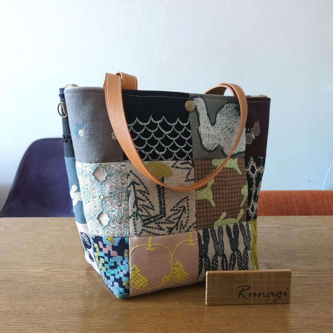 【1574】パッチワークのあおりポケット巾着バッグ＊ミナペルホネン