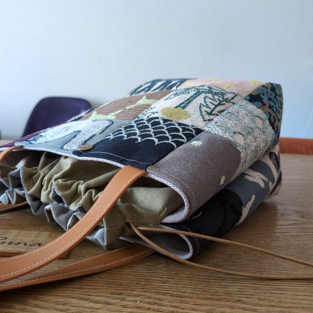 【1574】パッチワークのあおりポケット巾着バッグ＊ミナペルホネン