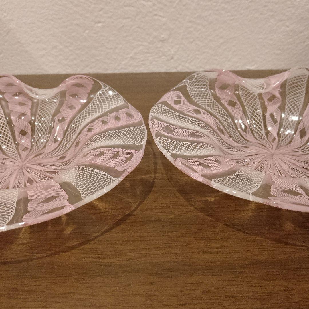 ベネチアンガラス　ムラノ　MURANO　変形皿　2枚　ピンク　レース　インテリア