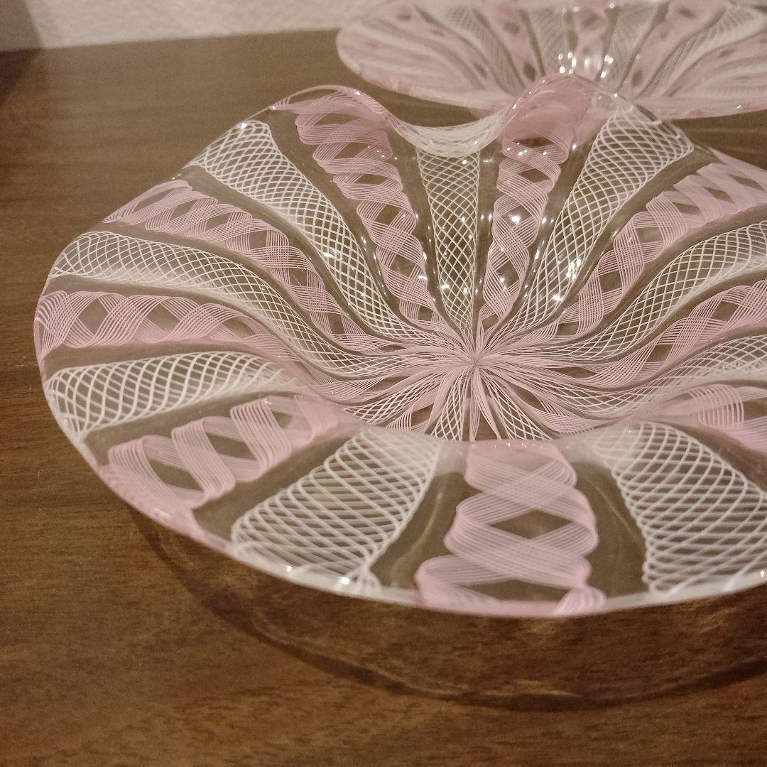 ベネチアンガラス　ムラノ　MURANO　変形皿　2枚　ピンク　レース　インテリア