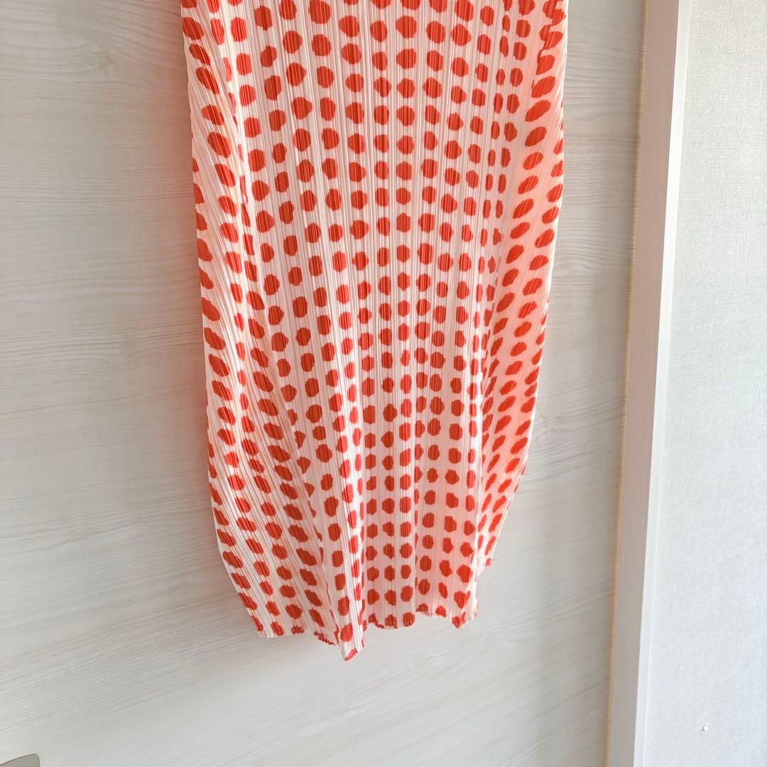 プリーツプリーズ　チュニック　トップス　ドット柄　美品　蛍光オレンジ