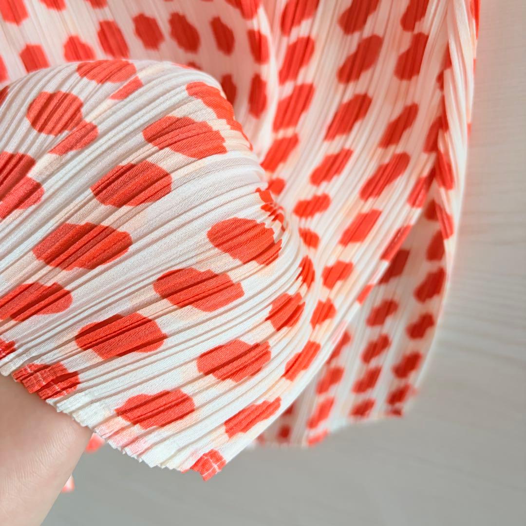 プリーツプリーズ　チュニック　トップス　ドット柄　美品　蛍光オレンジ