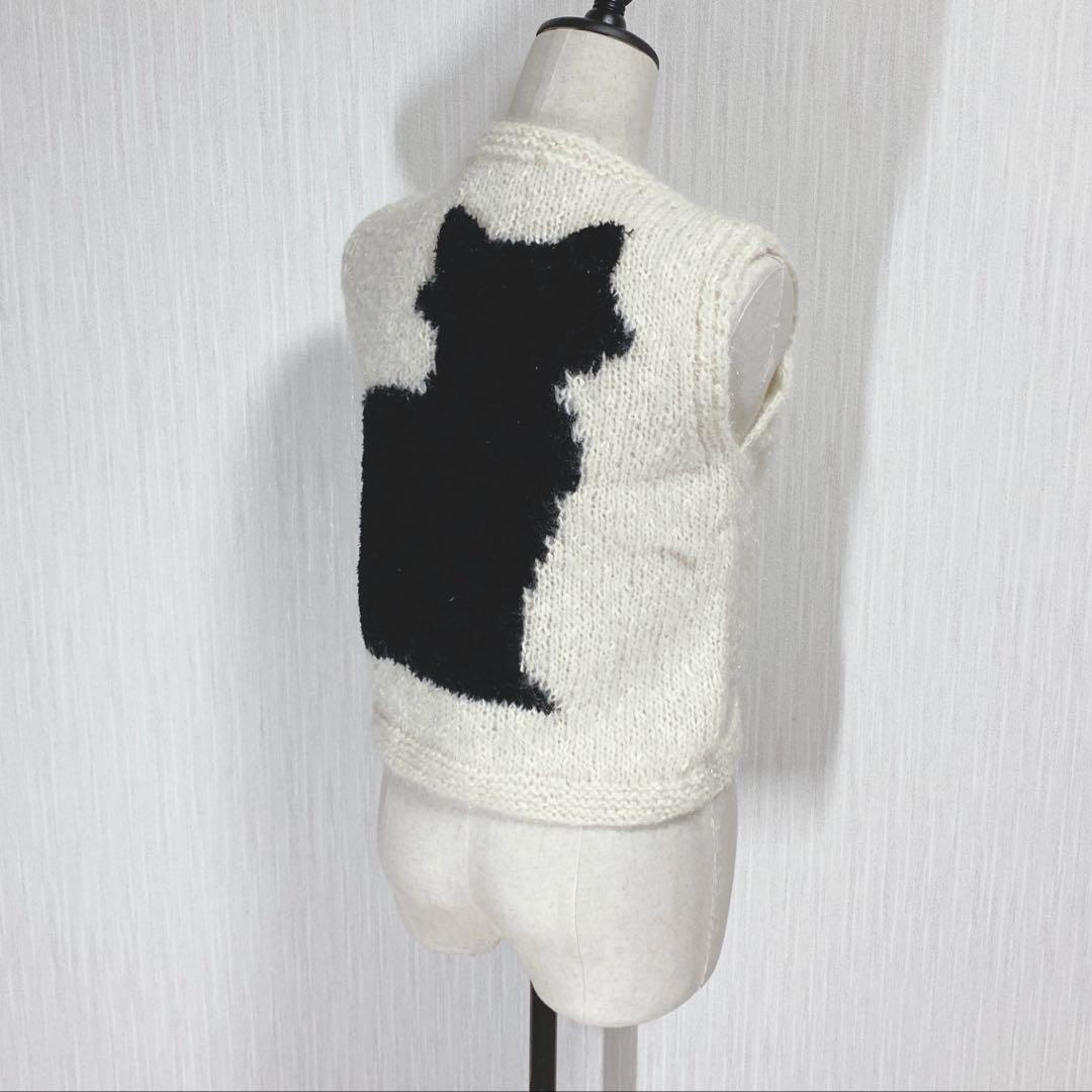 新品未使用ふわっふわっオーダー インターシャ手編みBLACK CATニットベスト