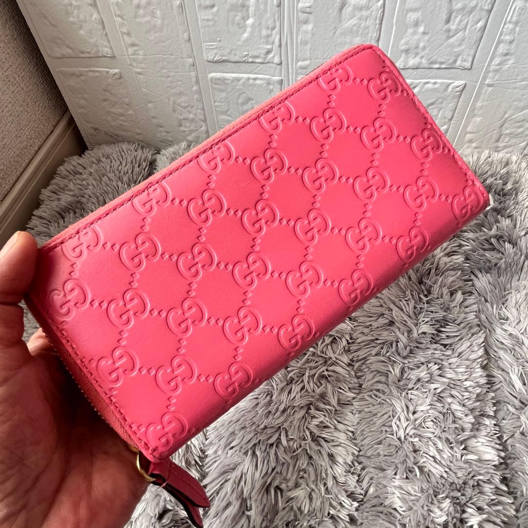 美品✨GUCCI シマ　ラウンドファスナー　ピンク　長財布　レディース