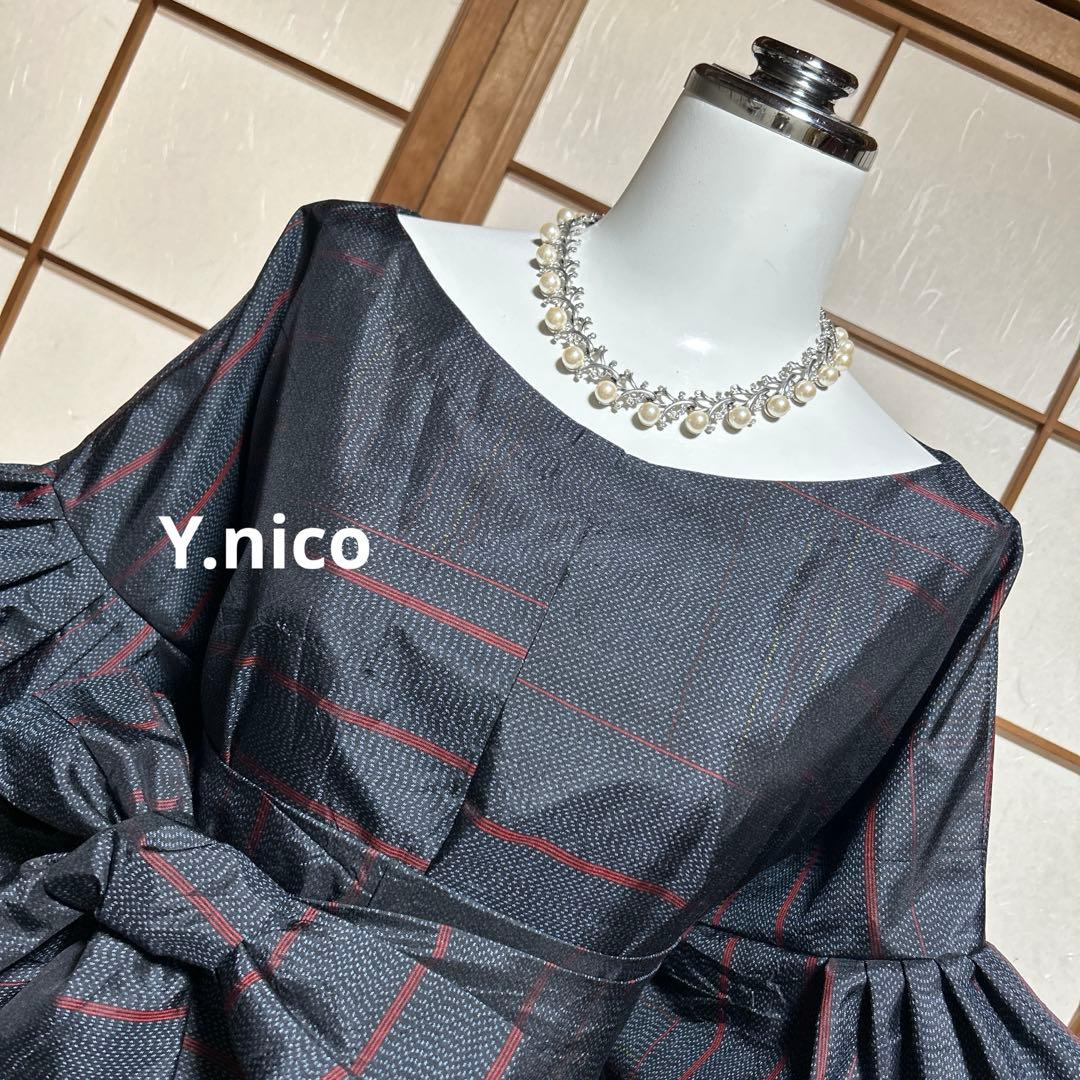 LL 着物リメイク 正絹 濃紺大島紬 フリル袖ゆったりワンピース