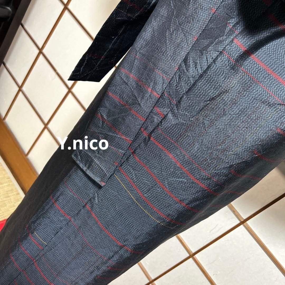 LL 着物リメイク 正絹 濃紺大島紬 フリル袖ゆったりワンピース