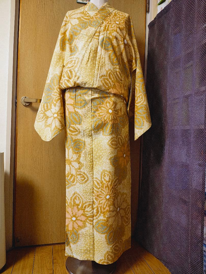 総絞り 花柄 浴衣 黄色系