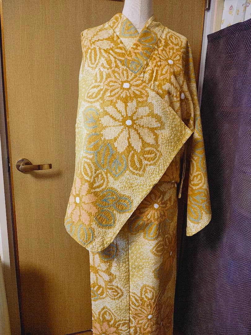 総絞り 花柄 浴衣 黄色系