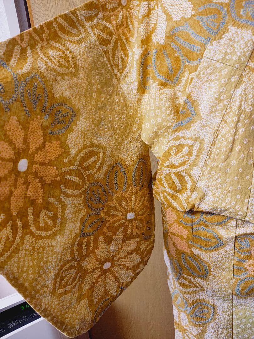 総絞り 花柄 浴衣 黄色系