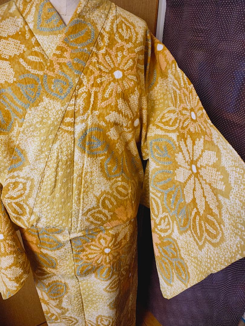 総絞り 花柄 浴衣 黄色系