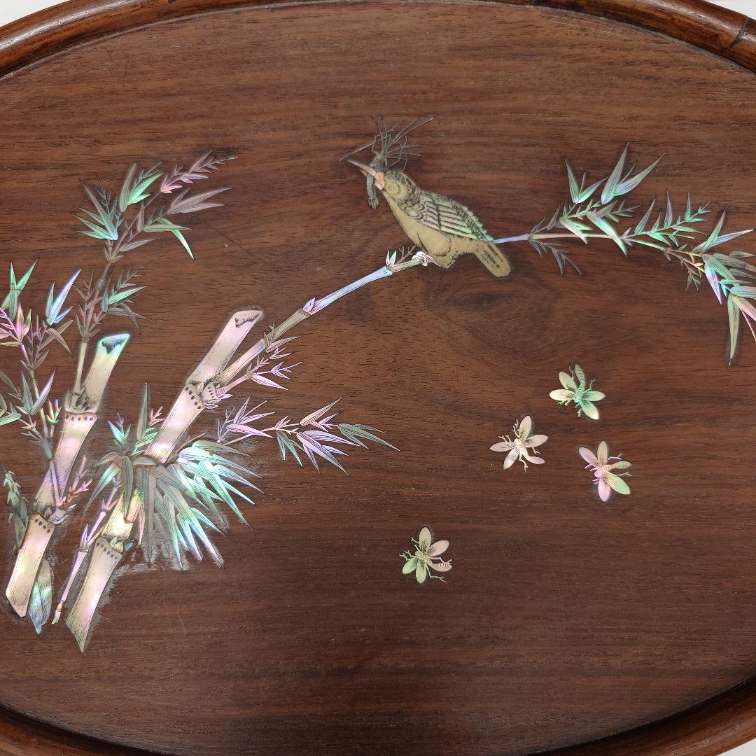 竹と鳥の象嵌装飾 木製トレイ