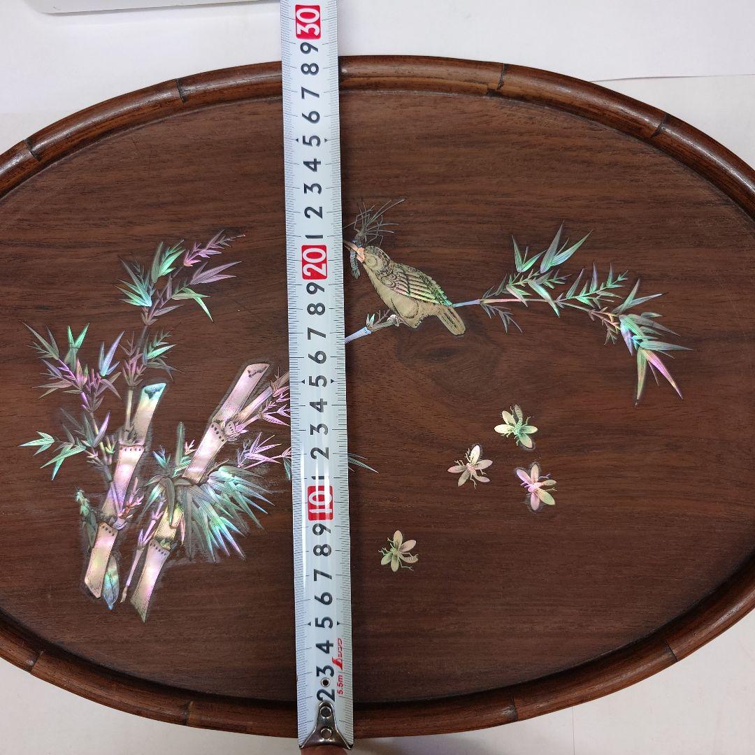 竹と鳥の象嵌装飾 木製トレイ