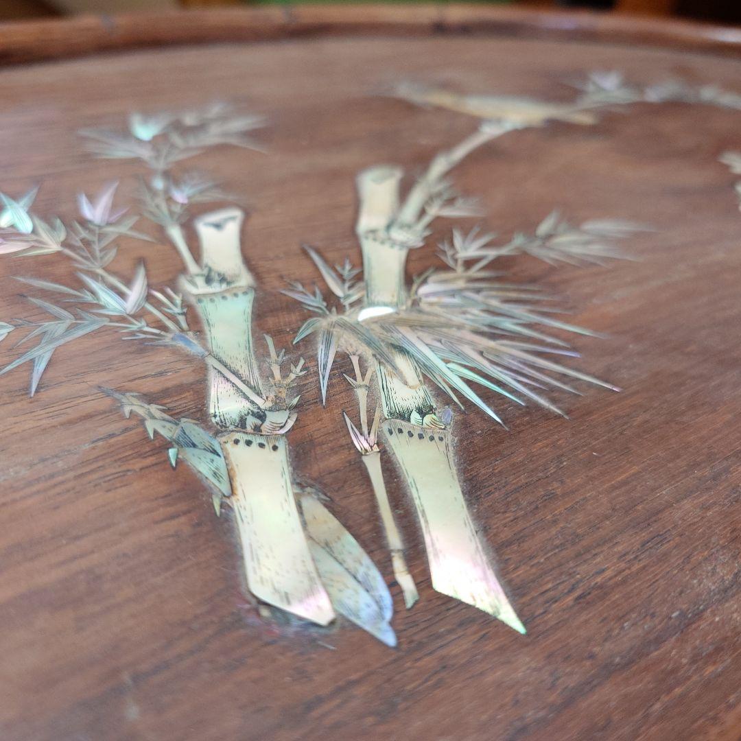 竹と鳥の象嵌装飾 木製トレイ