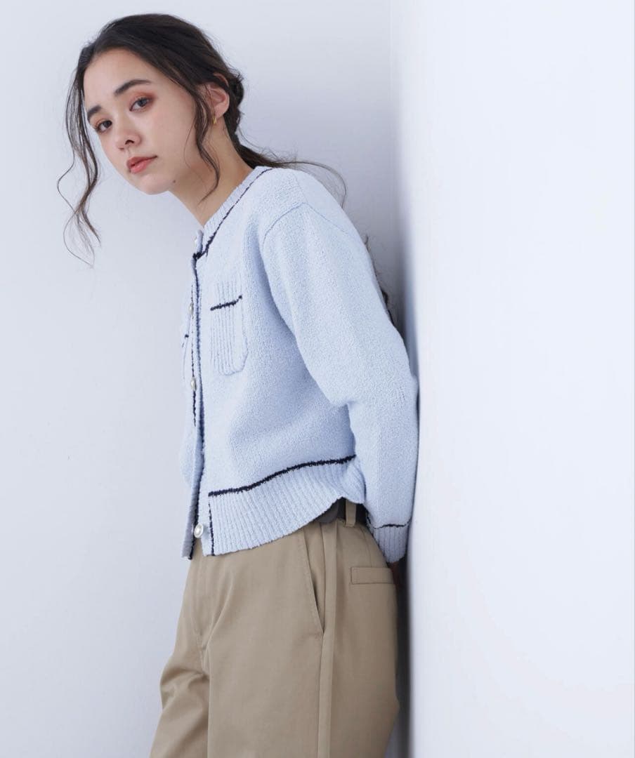 【N.】今期 新品タグ付き バイカラーラインポケットカーデ ブルー