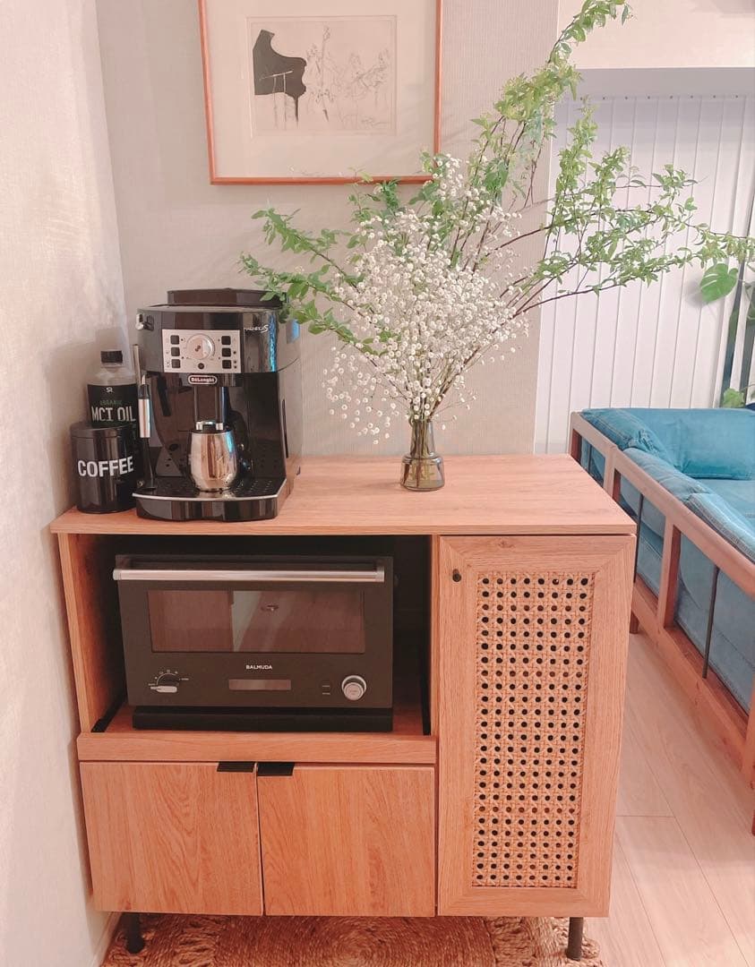 LOWYA 幅90 食器棚 キッチンカウンター キッチンキャビネット ラタン調