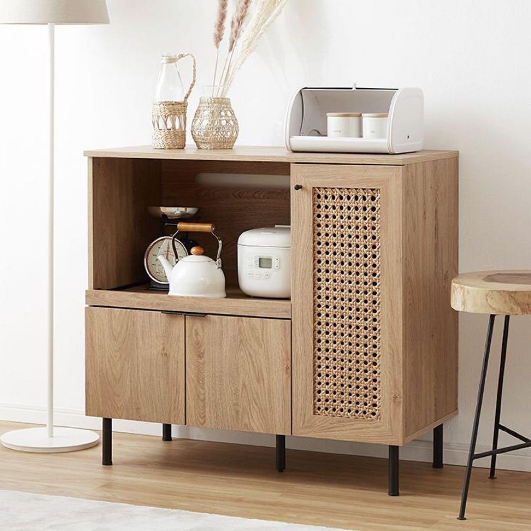 LOWYA 幅90 食器棚 キッチンカウンター キッチンキャビネット ラタン調