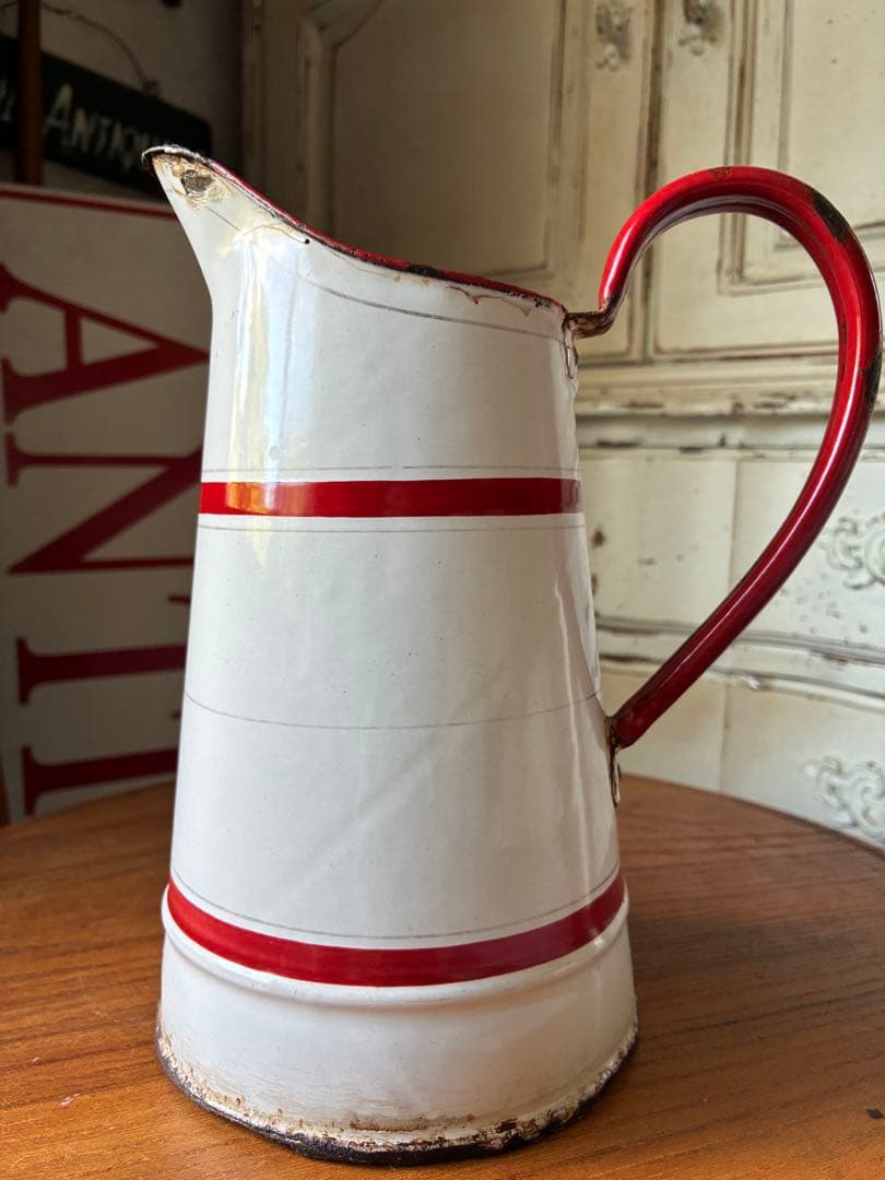 フランス　アンティーク　ホーロー　ジャグ　ピッチャー　水差し　エトワール　白赤