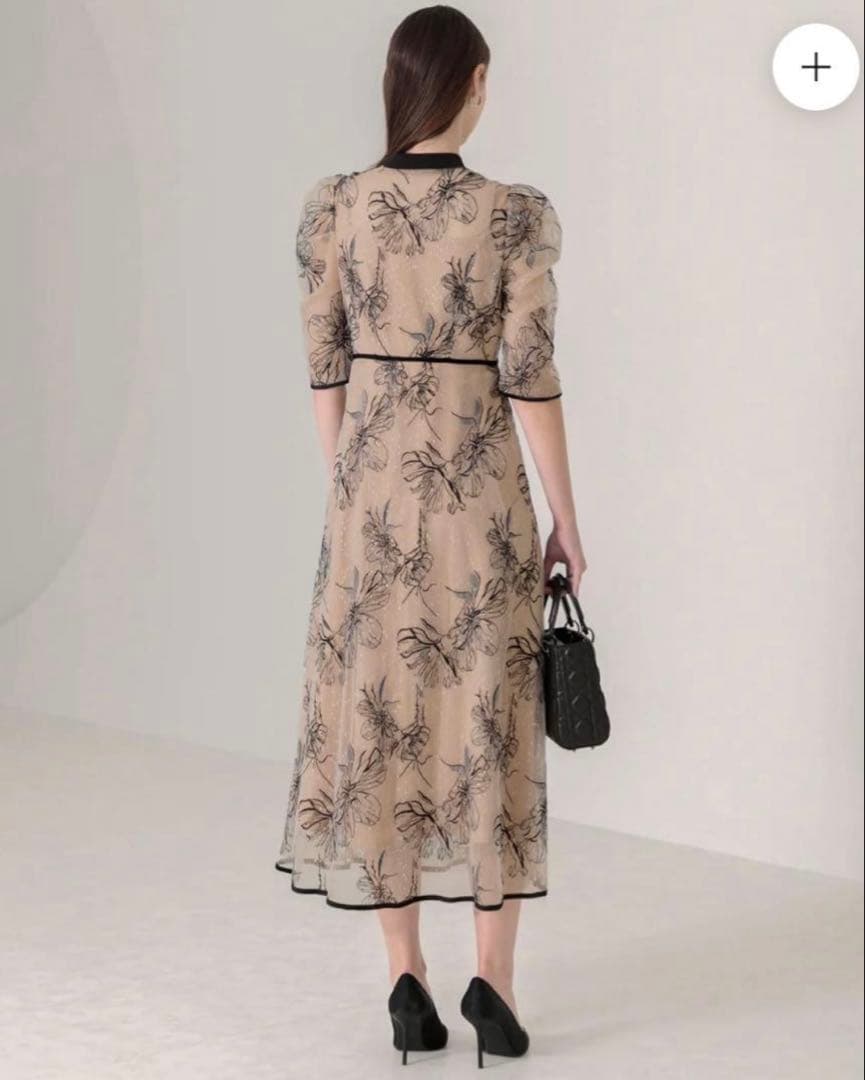 LEJA 配色パイピングプチハイネック花柄刺繍ラメレースロング丈ドレスワンピース