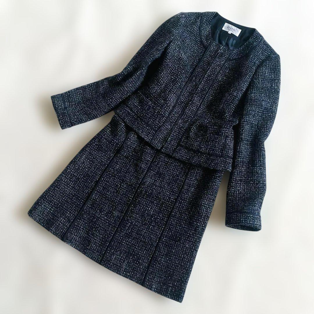 専用❗️【大きい L 】自由区　ツイード　黒　セット ノーカラー ジャケット