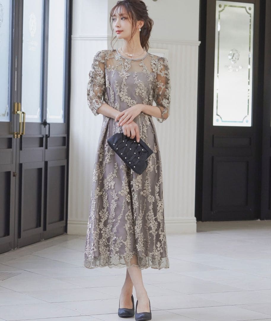 【美品】niana刺繍シアーレースドレス／オケージョンドレス（M）