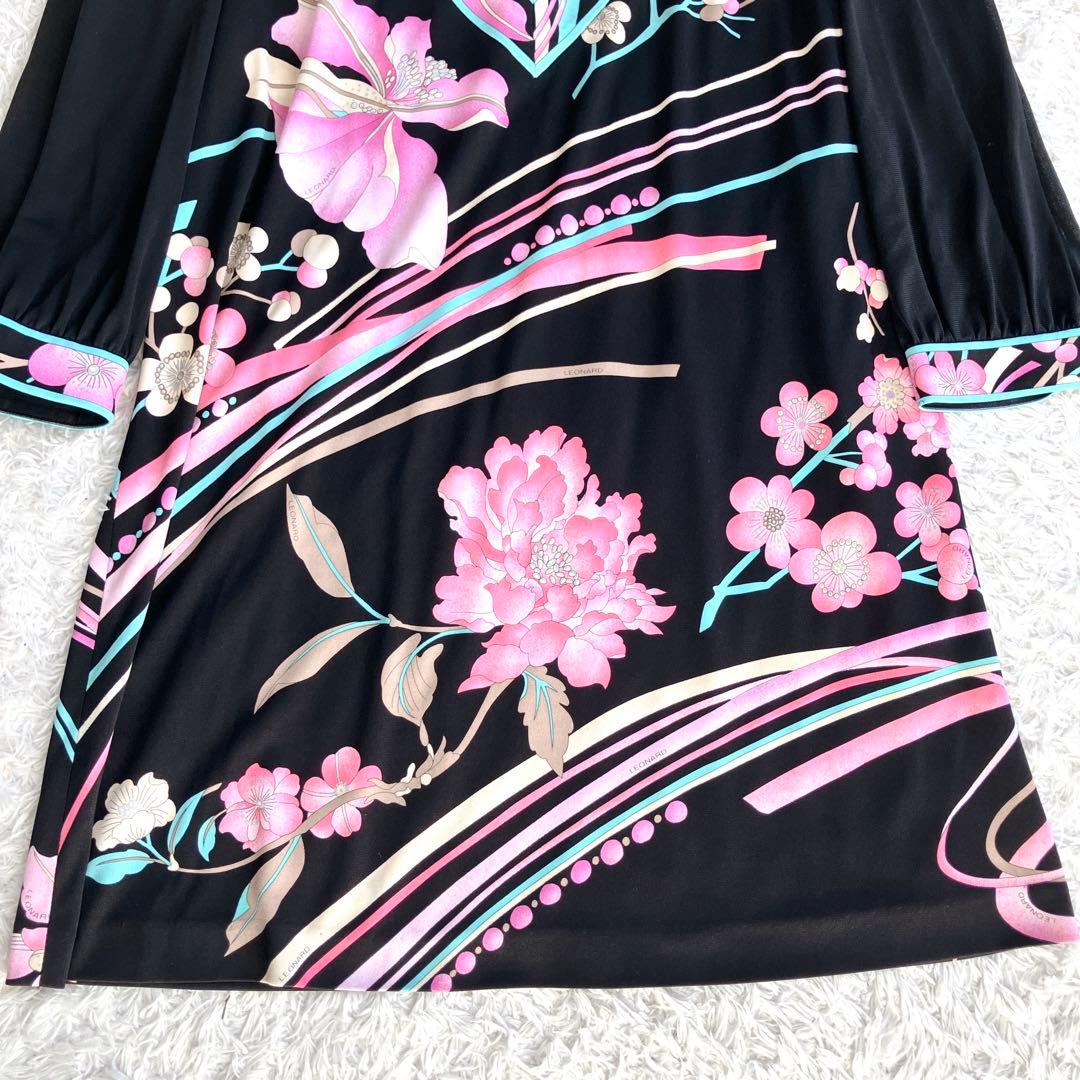 レオナール✨チュニック カンカン カットソー トリム 花 リボン 黒 ピンク M