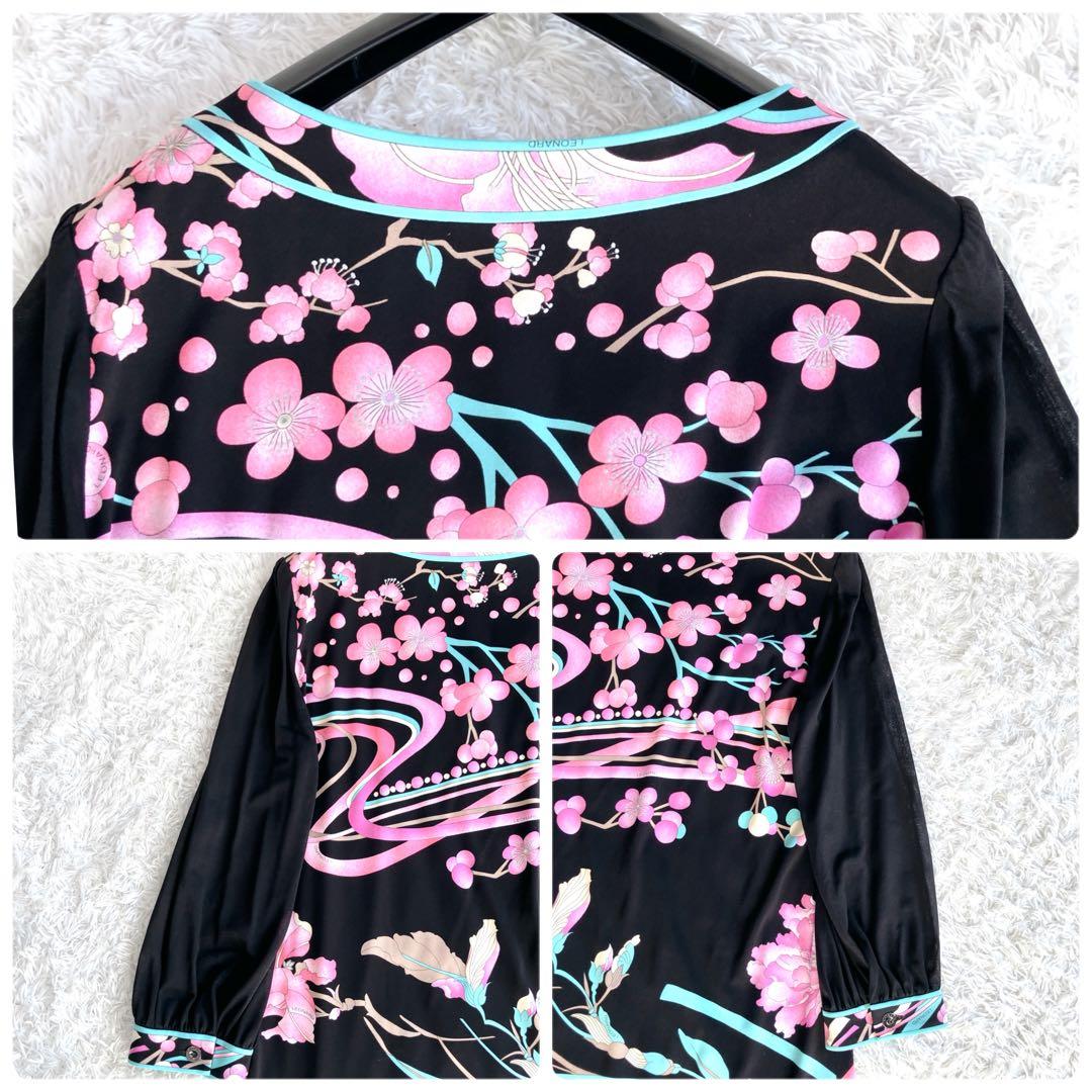 レオナール✨チュニック カンカン カットソー トリム 花 リボン 黒 ピンク M