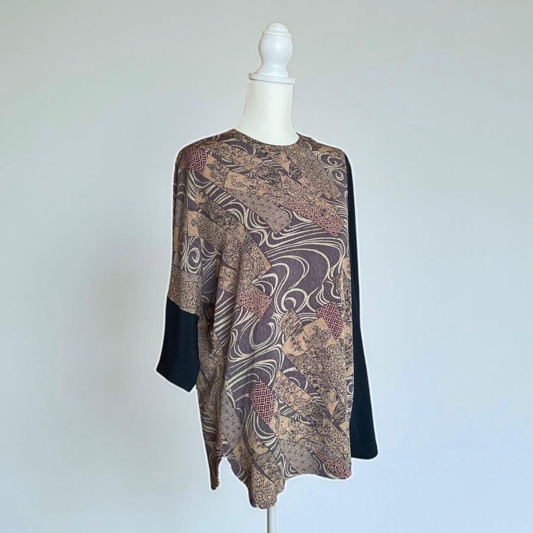 美品 詩仙堂 HITOSHI TAMURA ちりめん 手染め 和柄 チュニック