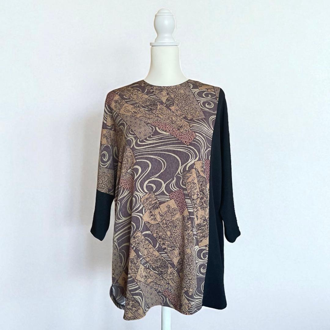 美品 詩仙堂 HITOSHI TAMURA ちりめん 手染め 和柄 チュニック