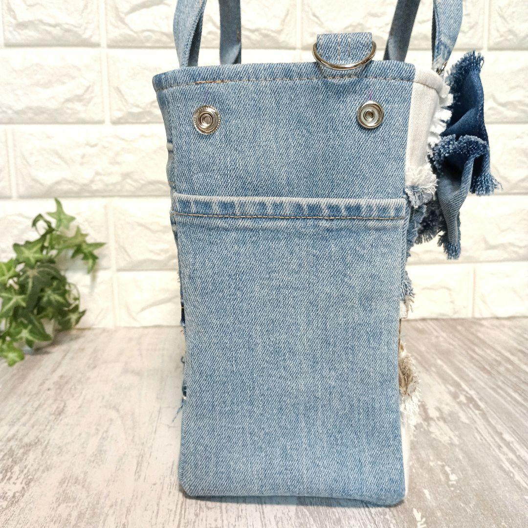 リメイクデニム★ヒョウ柄MIXフリンジトートバッグM＋ショルダーストラップ