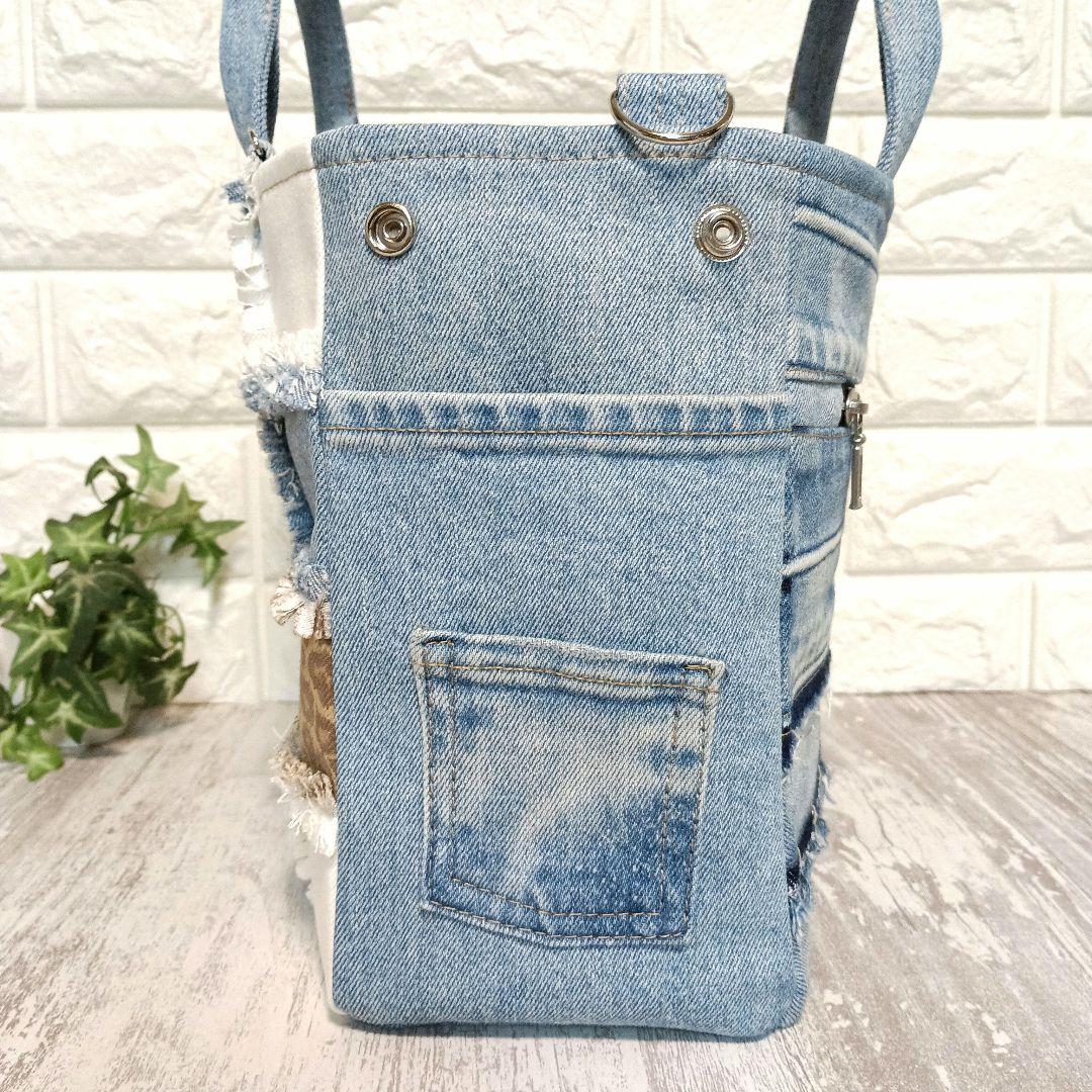 リメイクデニム★ヒョウ柄MIXフリンジトートバッグM＋ショルダーストラップ