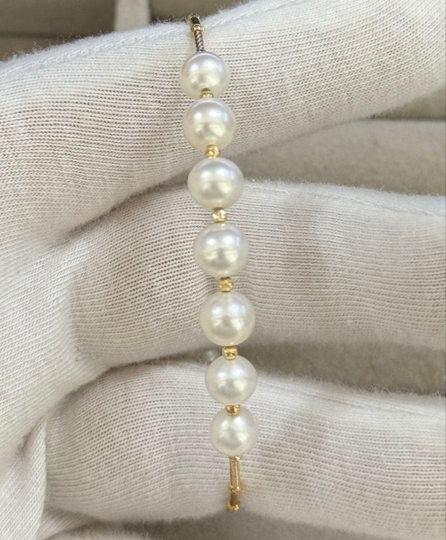 K18淡水パール　デザインブレスレット　バングル　本真珠