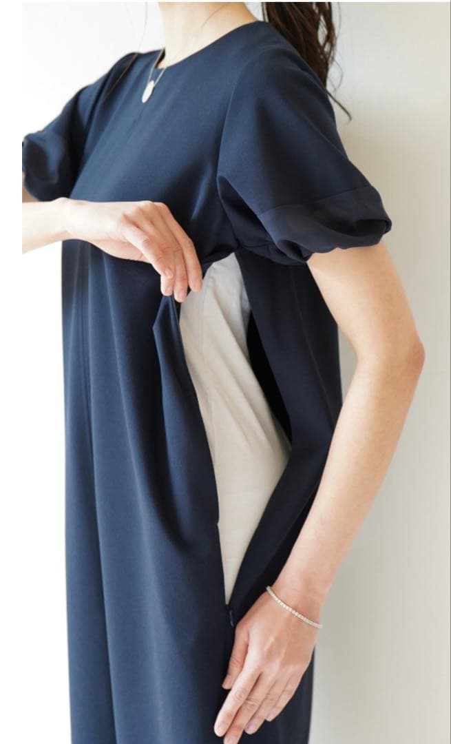 VIRINA ネイビー シアーランタンスリーブ ワンピース