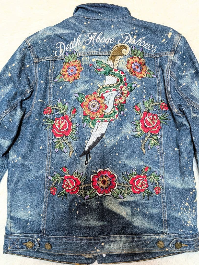 REASON 刺繍　デニムジャケット ボア襟　Lサイズ　ダメージ加工Gジャン